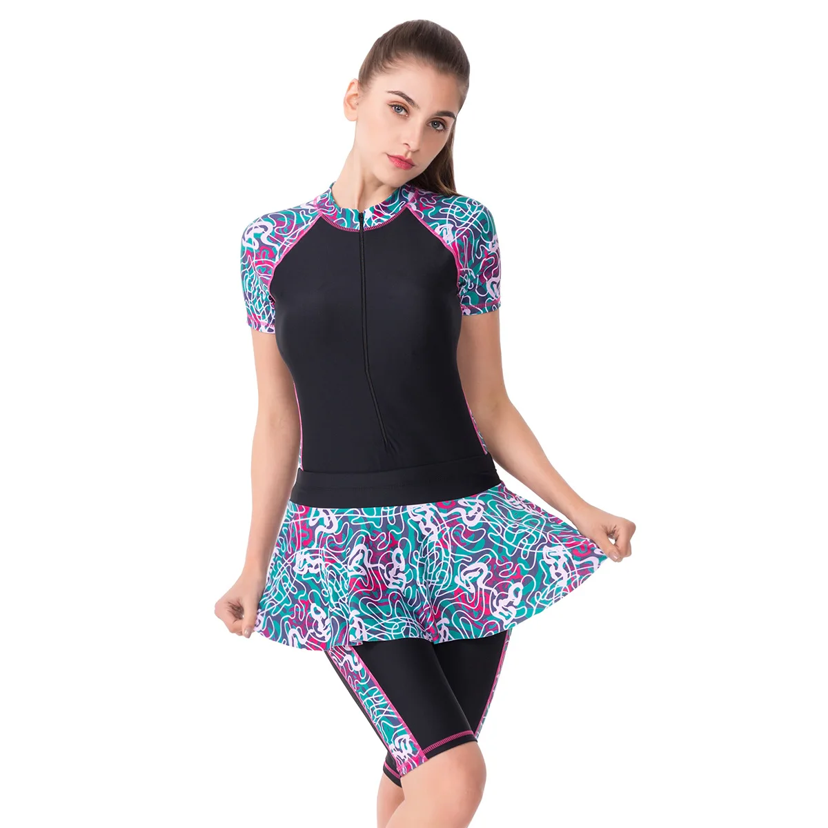 

2022 Professional racing one-piece skirt-style two-piece swimsuit L-3XL plus fertilizer plus size half-sleeve trousers beach T27