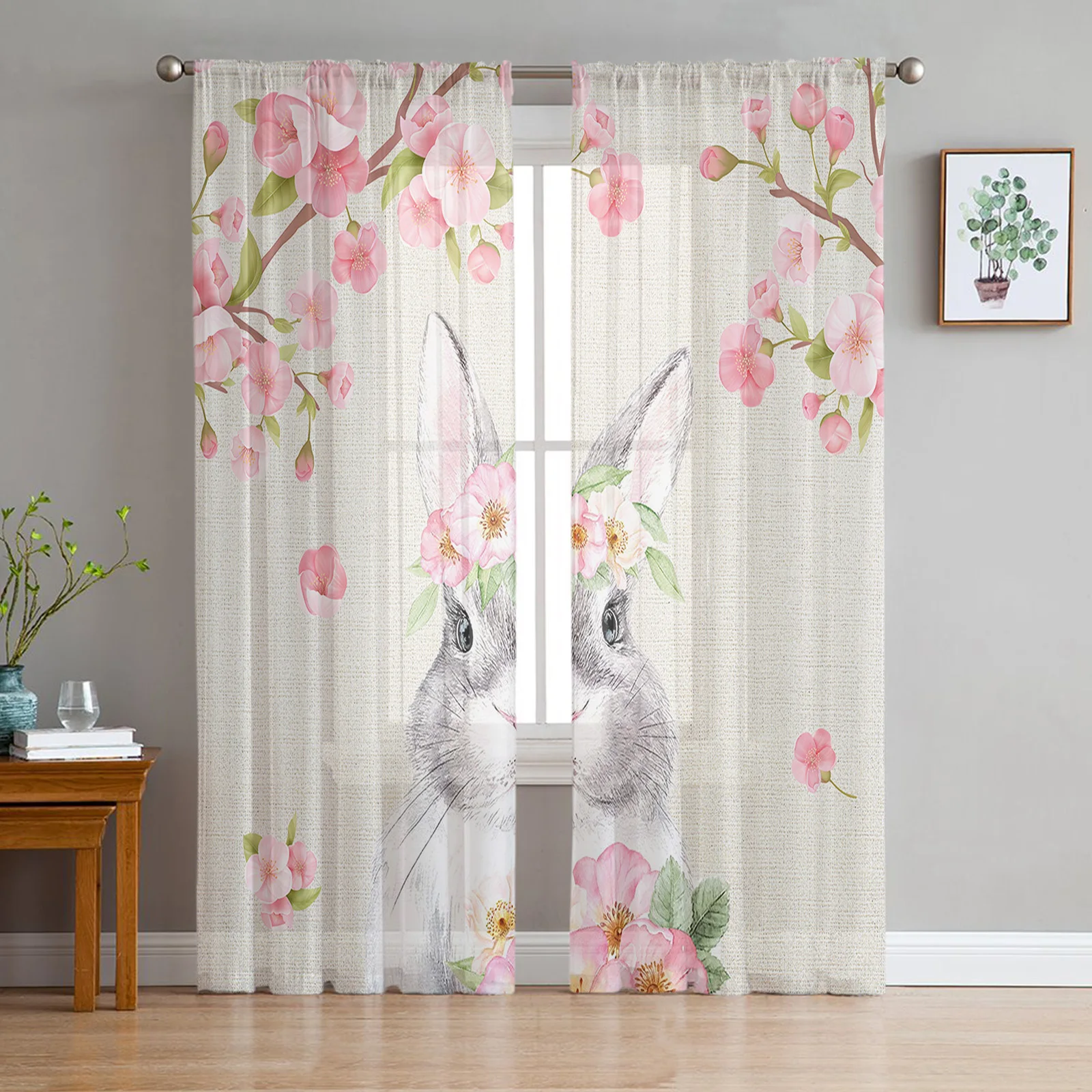 

Easter Watercolor Rabbit Cherry Blossom Tulle Curtains for Living Room Bedroom Voile Sheer Curtain Window Home Decor Drapes