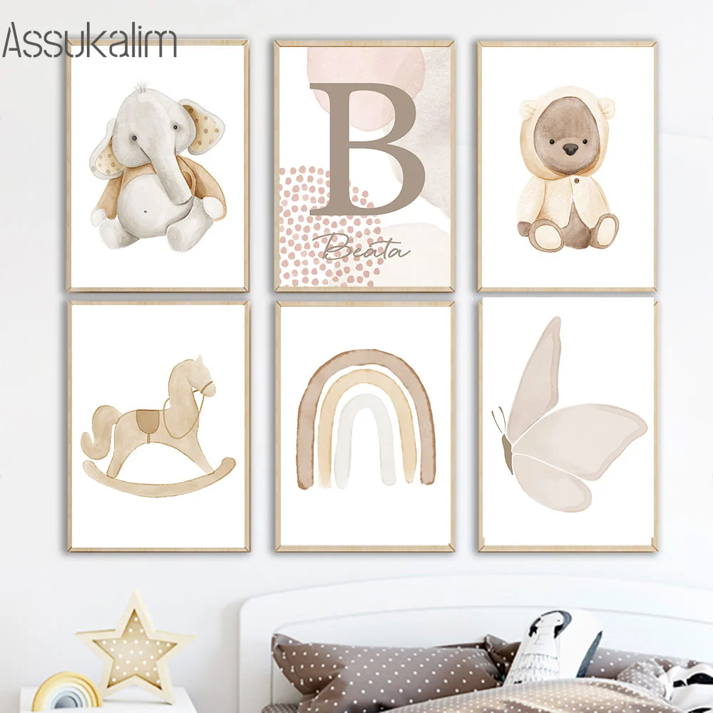 

Custom Name Poster Winnie The Pooh Elephant Rainbow Trojan Butterfly Wall Art Prints Nordic Boho Canvas Painting Baby Room Decor