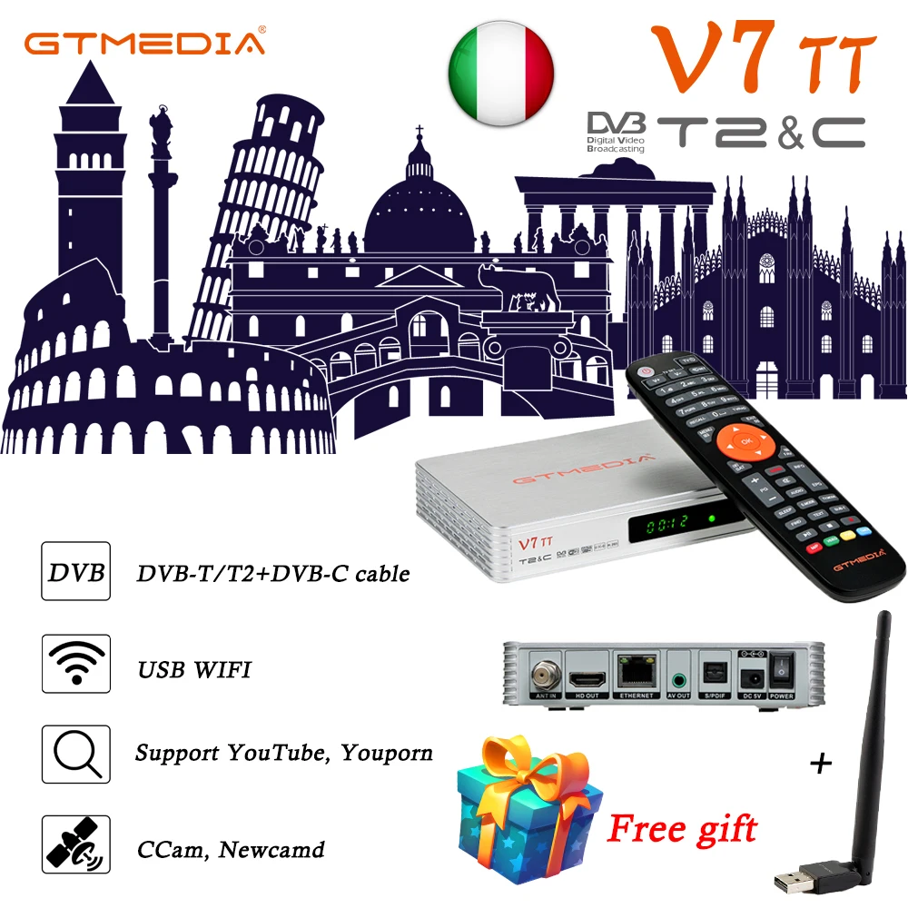 

GTMEDIA V7 TT Terrestrial TV Receiver DVB-T2 DVB-C Decoder H.265 HEVC 10Bit Tuner USB WIFI TDT Set top box Stock in italy