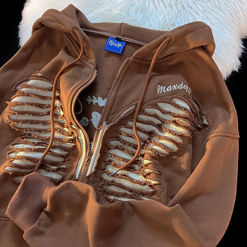 

Women Zip Sweatshirt Hollow Out Hooded Streetwear Butterfly Design Cardigan Spring and Autumn Korean Version Loose Casual Jacket