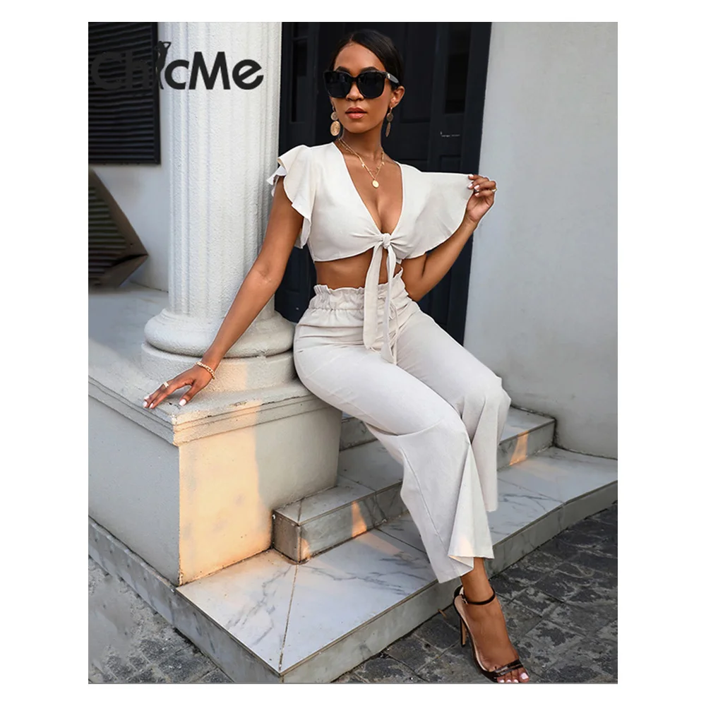 

Chicme Women Solid Two Pieces Ruffles Sleeve Knotted Crop Top & High Waist Wide Leg Pants Set Sexy Deep V Neck Suit Sets Casual