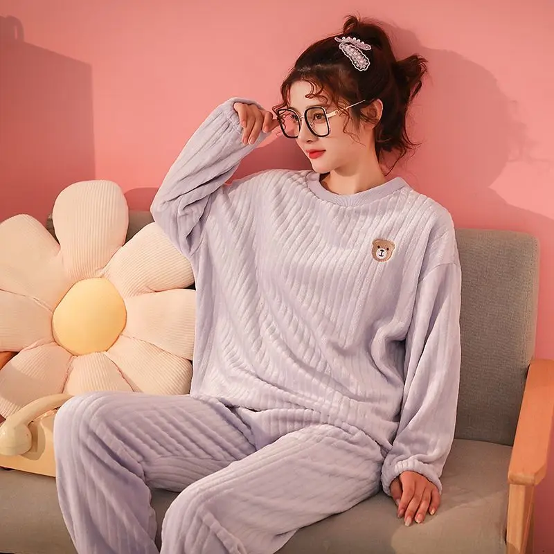 

Women Winter Flannel Pajamas Set Thick Warm Female Coral Fleece Home Suit Autumn Sweatshirt Sleepwear Girls Casual Homewear