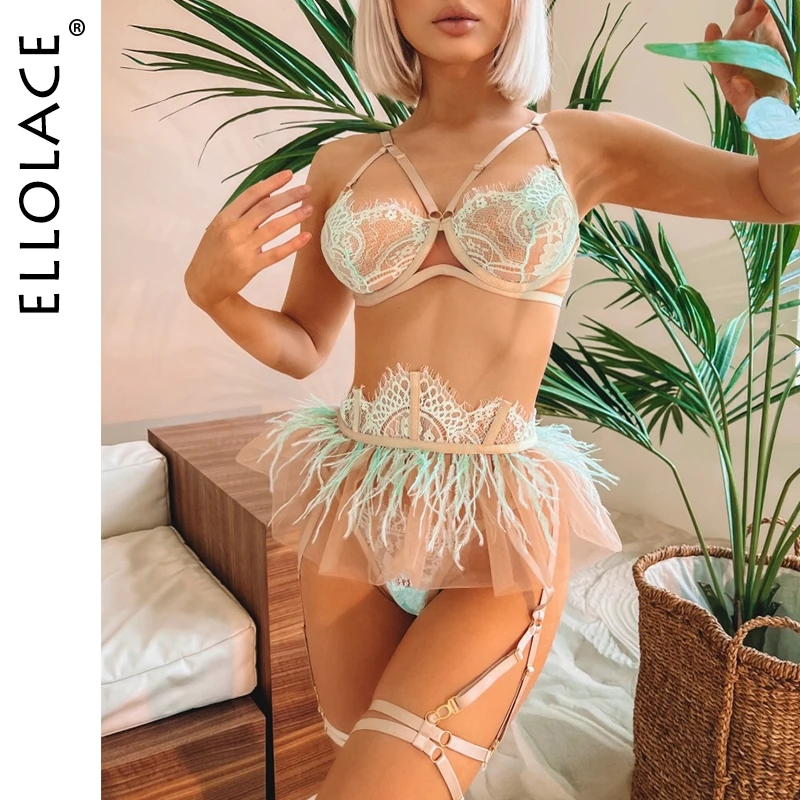 

Ellolace Feather Delicate Lingerie Sexy Underwear Luxury Lace Set Woman 3 Pieces Sissy Bilizna Outfit Intimate Exotic Sets