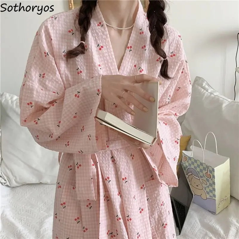 

Robes Women Print Comfortable Designer Daily Simple Sweet Casual Students V-neck Korean Style Fashion Spring Girlish Midi Loose