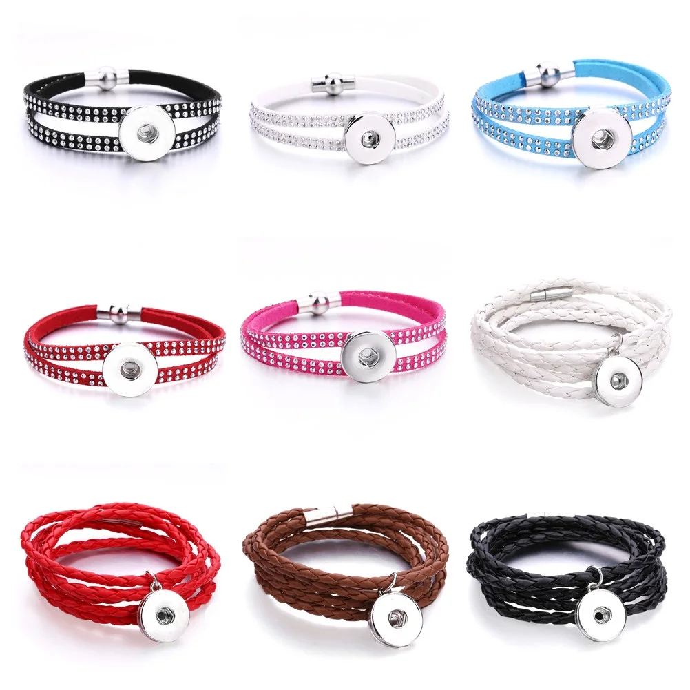 

12pcs Snap Buttons Jewelry Bracelets Handmade Braided Leather Bracelet Bangles Fit 18mm Snap Button DIY Ginger Charm Bracelet