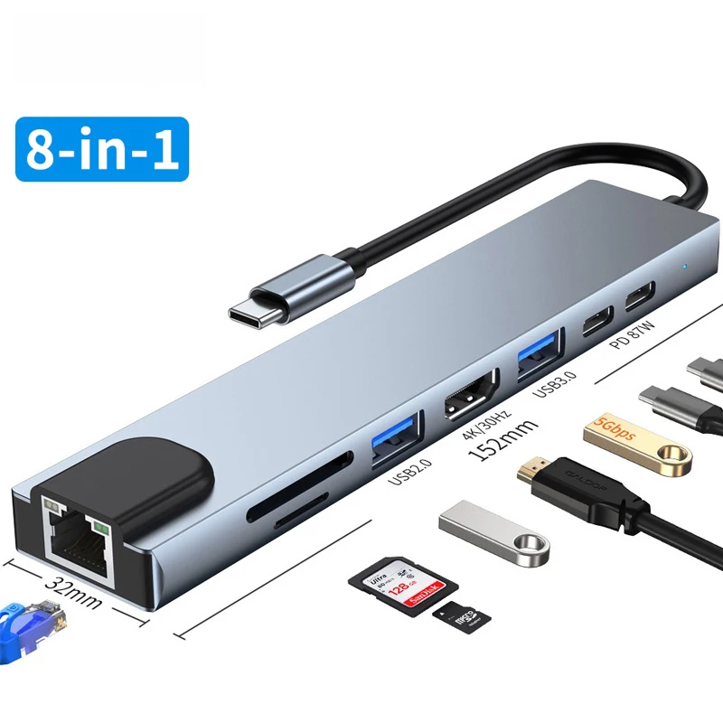 Купи NEW USB Type C Docking Station USB C Hub 3.0 Adapter 8 in 1 HDMI SD/TF Card Reader for Macbook Air iPad Laptop Computer Peripher за 646 рублей в магазине AliExpress