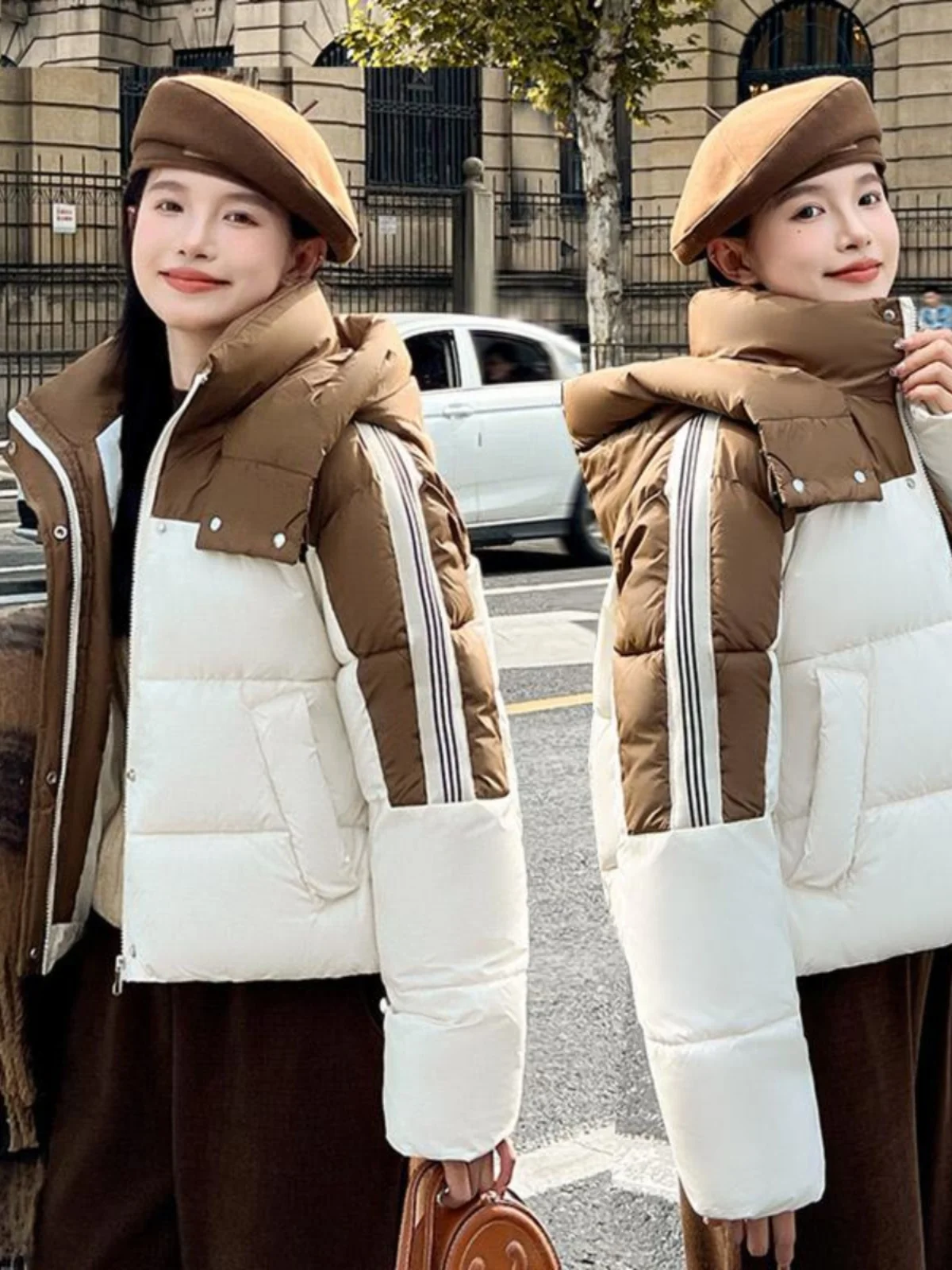 Корейский пуховик контрастного цвета с хлопковой подкладкой женская зимняя