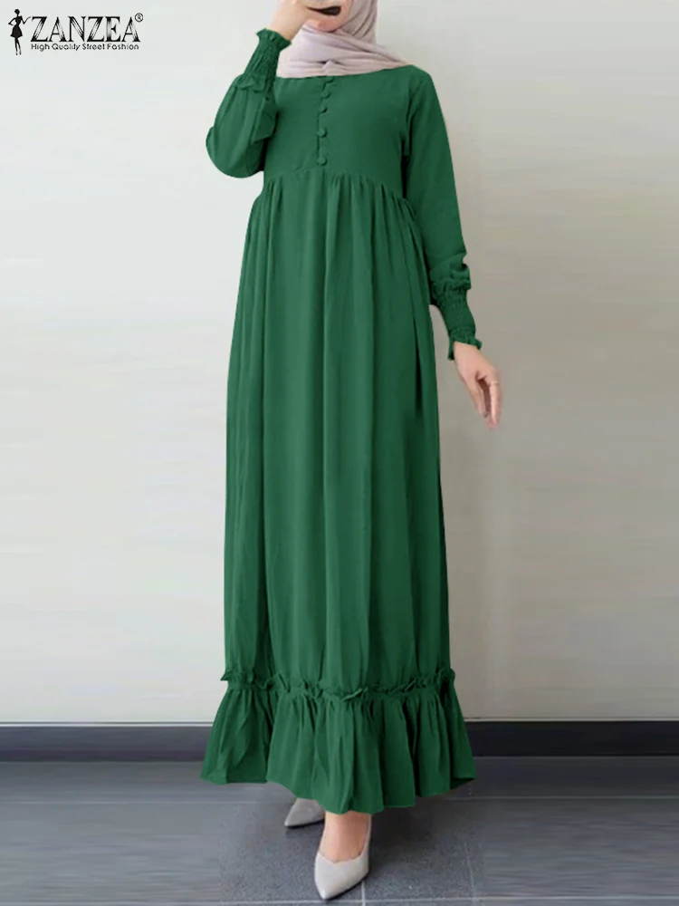 

ZANZEA 2022 Women Muslim Dress Sping Fashion Elegant Maxi Dresses Solid Ruffle Casual Abaya Robe Vestidos Islamic Clothes