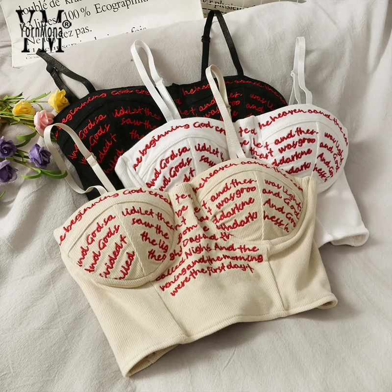 

YornMona Ins Fashion Letters Embroidery Sexy Camis Tops Women Basic Streetwear Strap Short Tops Female Beach Tank Tops Shirt
