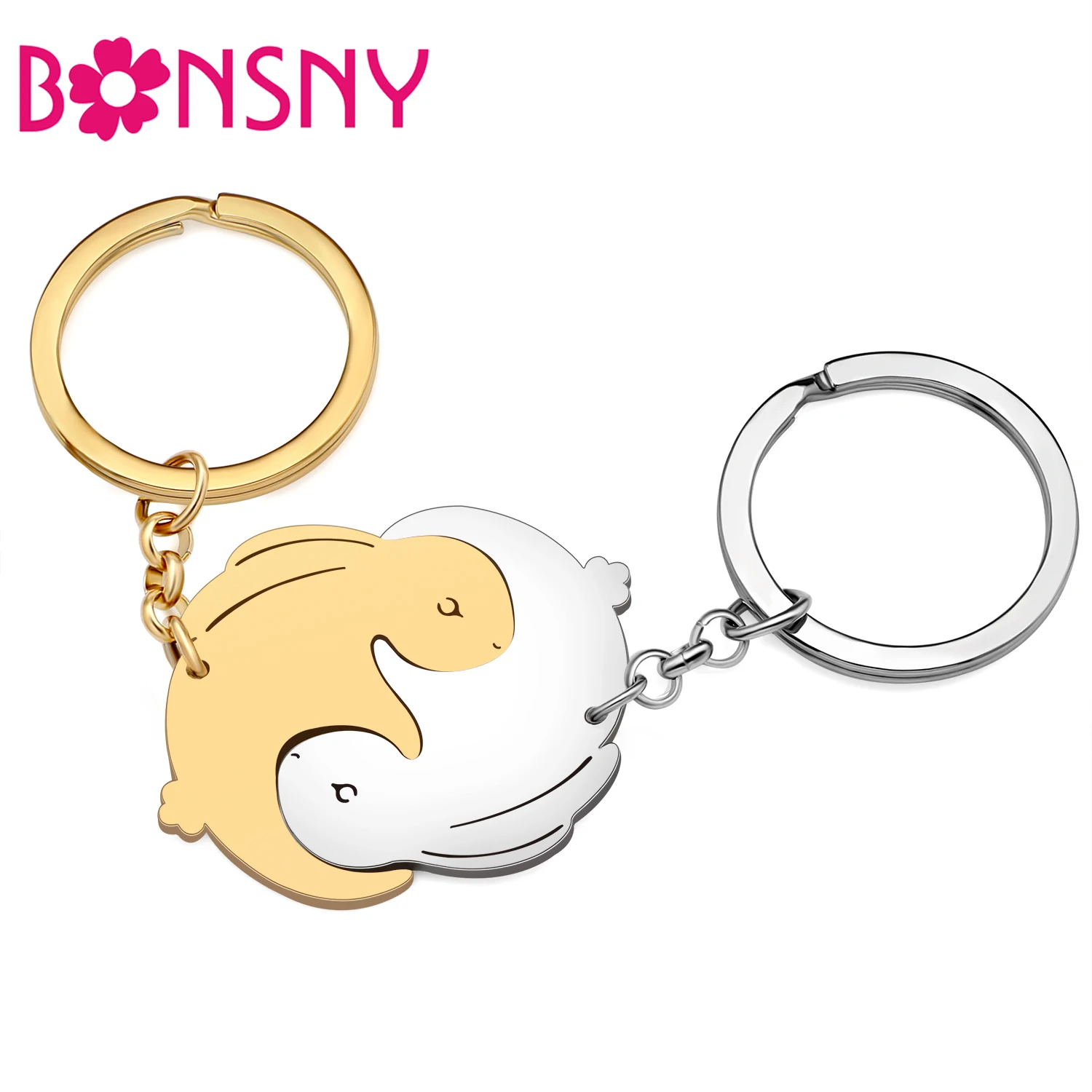 

Bonsny Stainless Steel 2PCS Gold Silver-plated Cute Rabbit Patchwork Key Chains Backpack Charms Couple Lovers Keychains Keyring