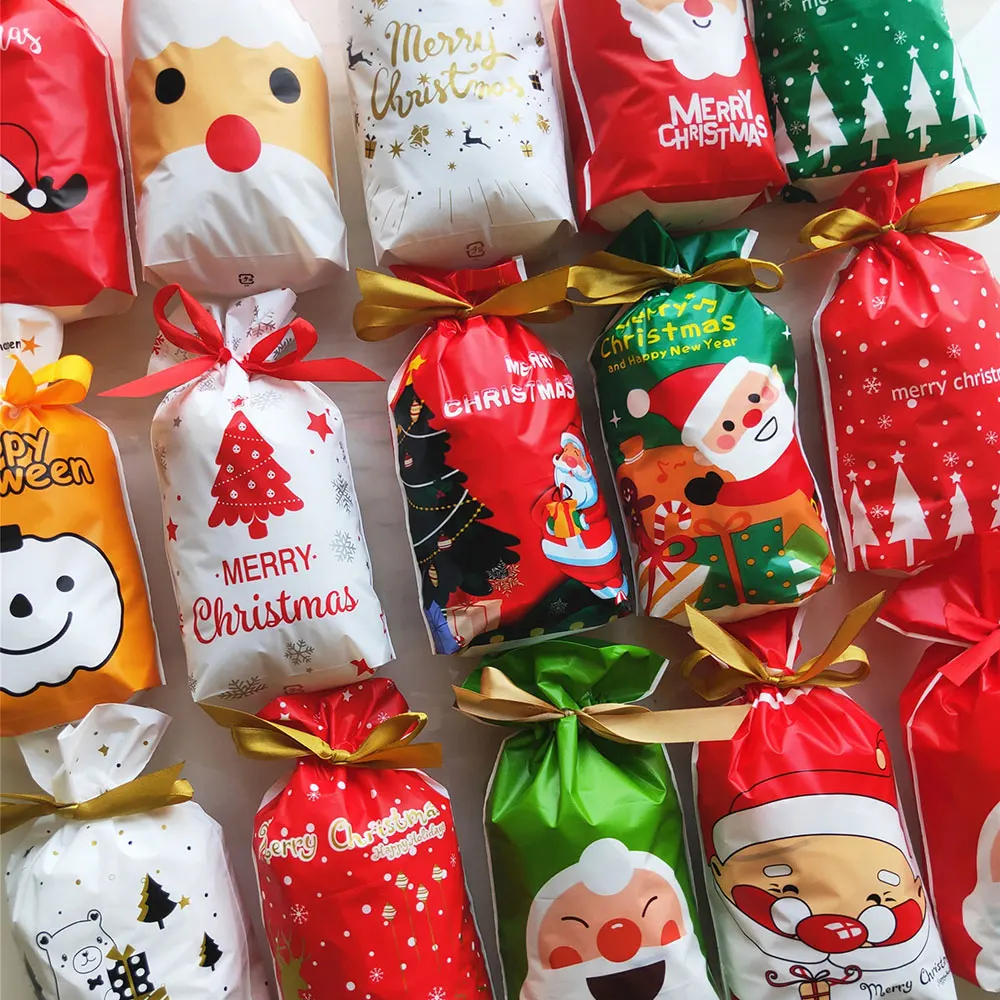 

50pcs Merry Christmas Gift Bags Santa Claus Xmas Tree Packing Bags 2022 Christmas Party Candy Bag Decorations Navidad New Year