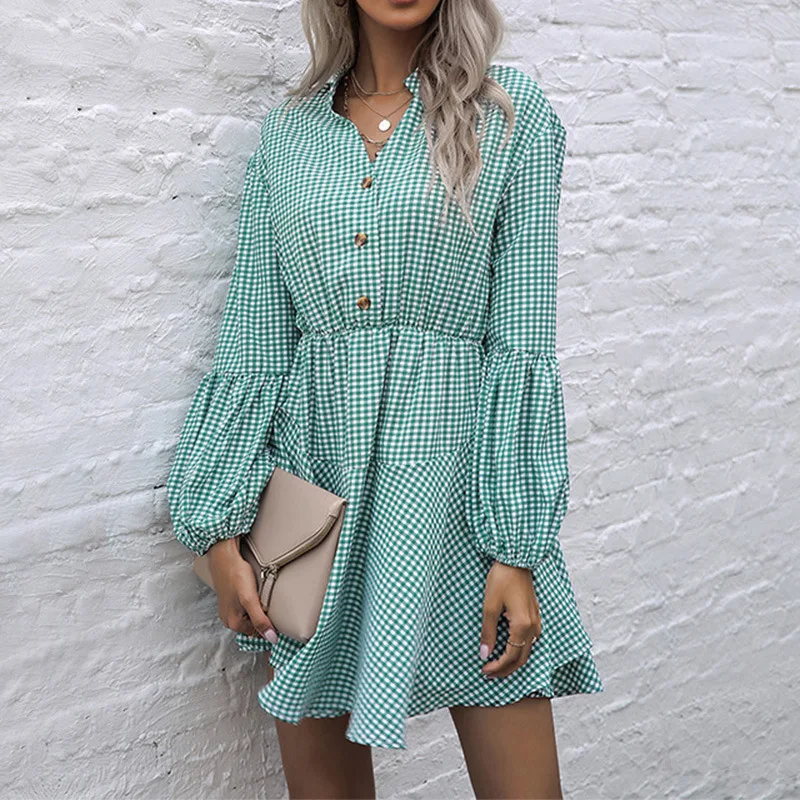 

YEMOGGY Elegant Fashion Check Leopard Print Long Sleeve Dresses for Summer Women Dress 2023 New Slim Fit Mock Neck Midi Dress