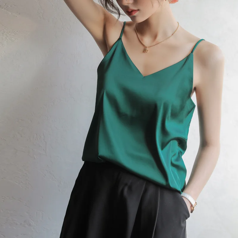 

Summer Fashion Silk Vest Tanks Women Basic Satin Sling Tops Versatile Solid Loose Sling Camis Female Tank Top women clothing