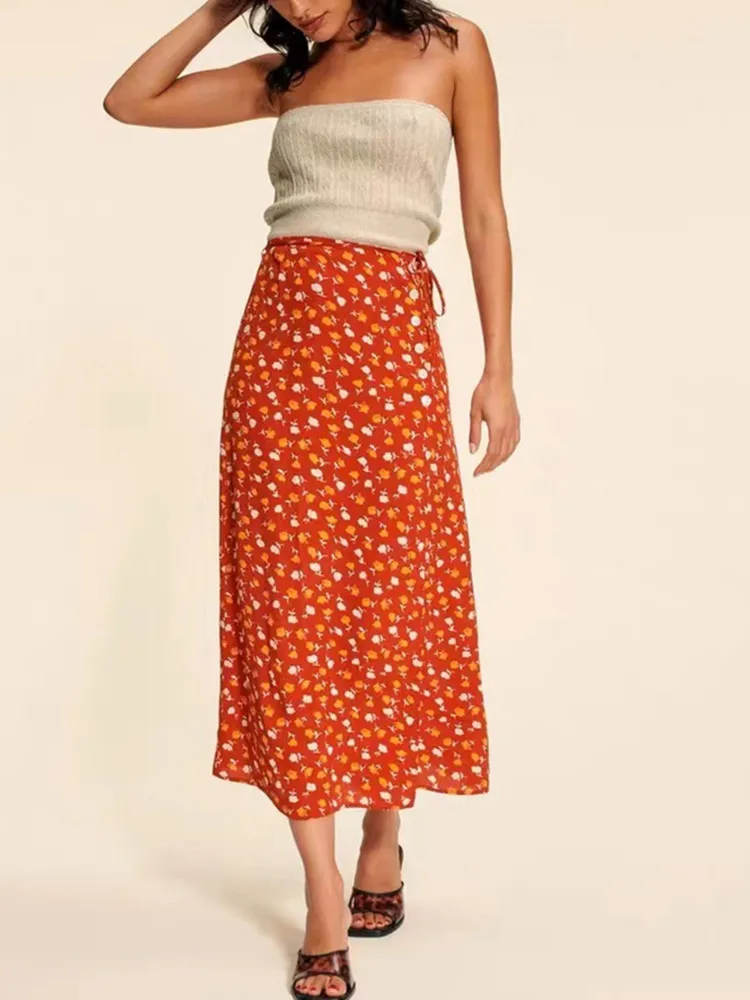 

Women's Red Floral Print 100% Viscose Midi Skirt Lace-Up Side Buttons Female High Waist Slit Hem Jupe Spring Summer 2023