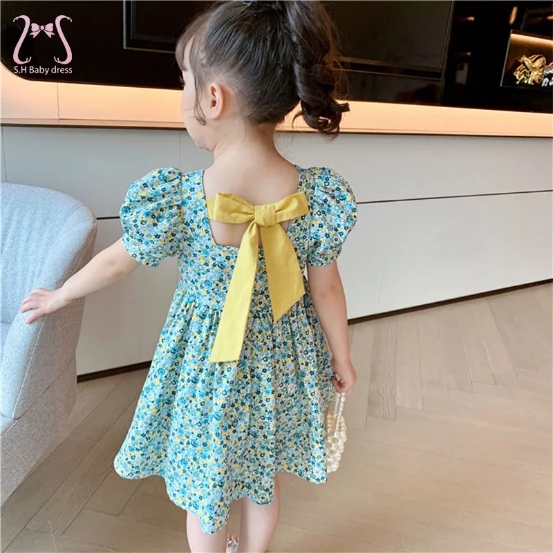 

Kids Dress For Girls Summer Puff Sleeve Children Clothes Sweet Floral Bow Toddler Costume 1 To 6 Years Infant Clothing