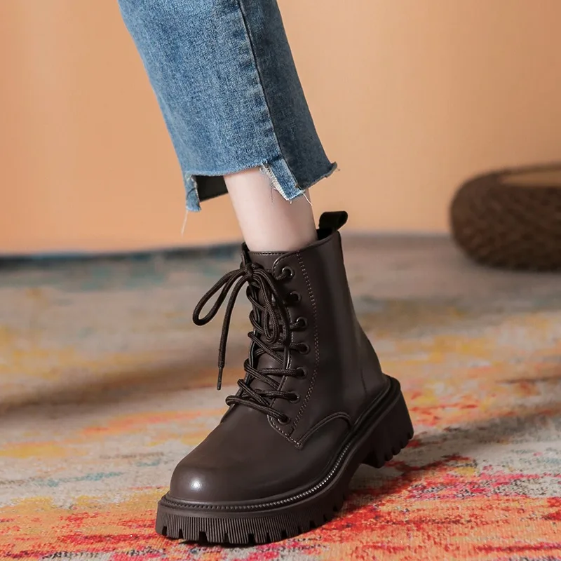 

2023 New Women's British Style Casual Shoes Leather Ankle Boots Women's Classic Punk Thick Sole Medium Heel Shoes Size 35-42