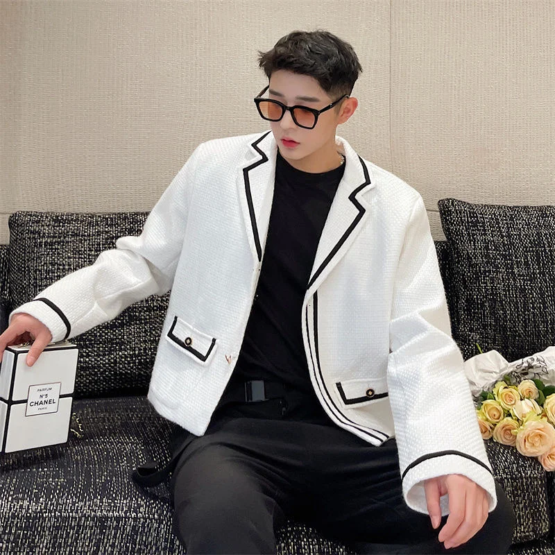 

Korean Men Blazer Color Contrast Men Blazer Suit Coat Men's Loose Casual Short Blazer Masculino De Luxo