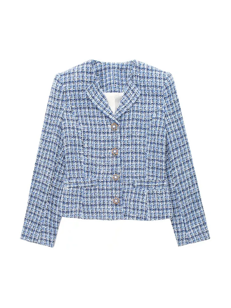 

2022 Textured Jewel Buttons Blue Top Women Long Sleeve V Neck Vintage Plaid Jacket Female Fashion Single Breasted Blazers
