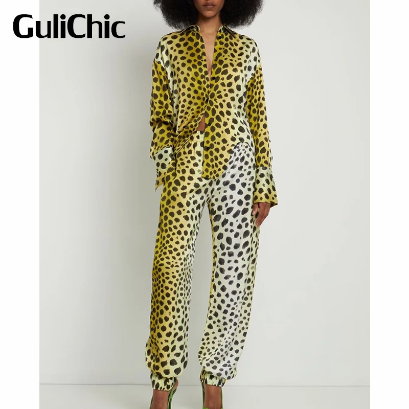 

GuliChic Women Street Temperament Gradient Leopard Print Long Sleeve Shirt Or Straight Pants Set