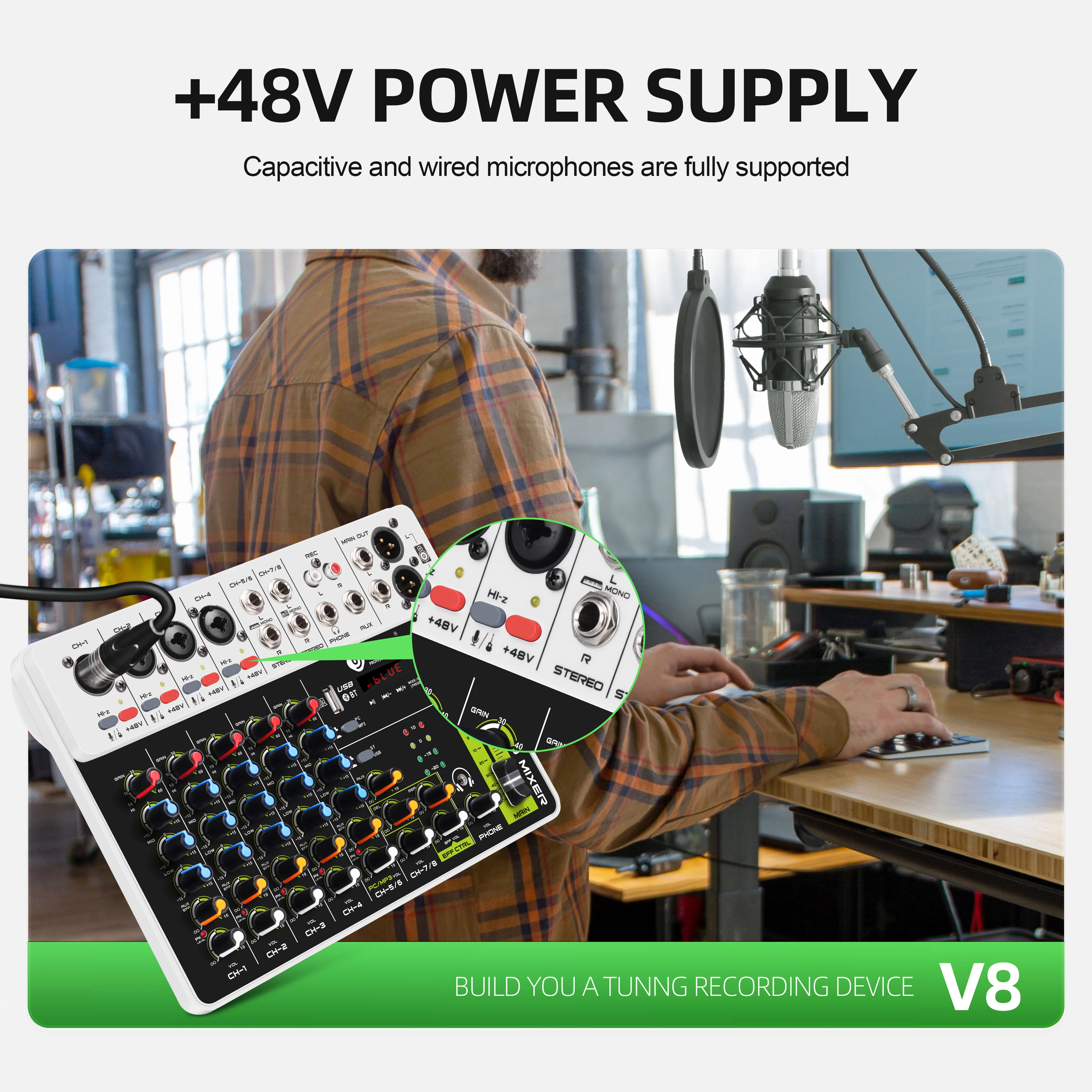 Микшер аудиоинтерфейса V4 V8 с фантомным питанием Bluetooth 5.0 для компьютерной записи