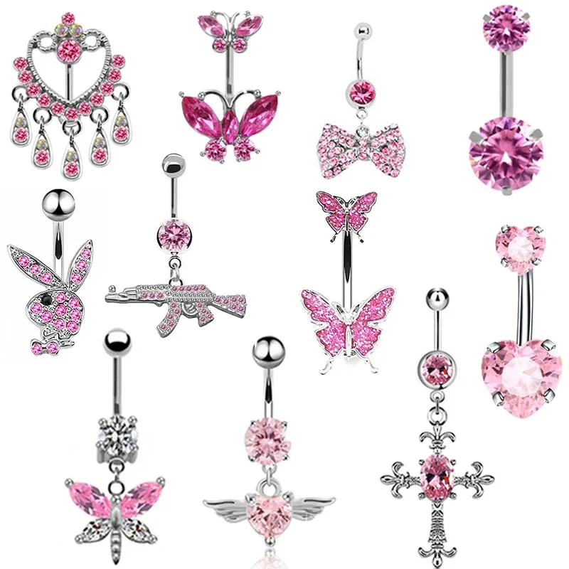 1Pcs 14G Stainless Steel Butterfly Navel Belly Button Rings Women Fashion Belly Button Ring Piercing Body Piercings Jewelry Pink