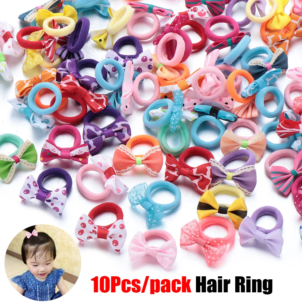 10Pcs Kids Hair Ties Cute Girls Polka Dots Bow Hair Ring Rope Hair Accessories for Hair Rubber Bands Ponytail Holder Headdress