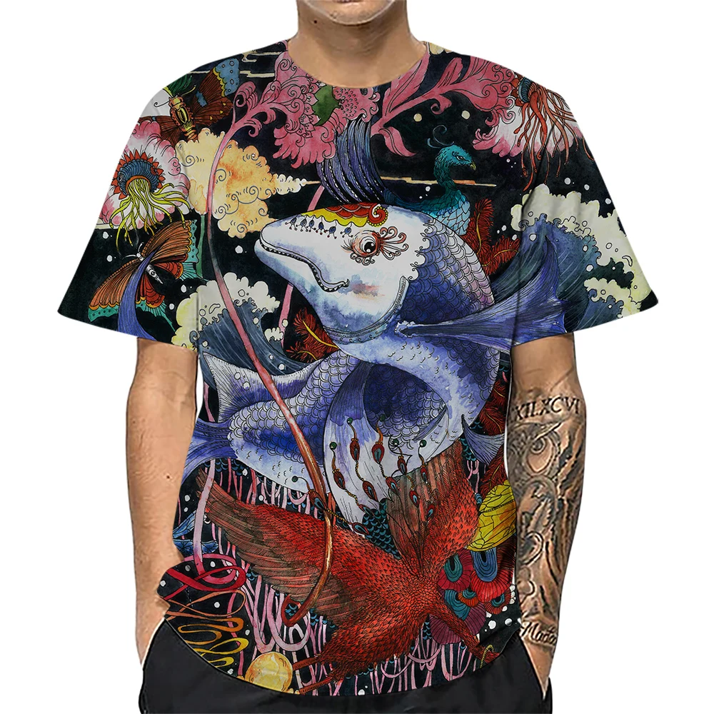 

Модные мужские футболки CLOOCL с японскими животными, Феникс, рыба, цветок, волны, 3D печатные рубашки, летние футболки с коротким рукавом, топы в...