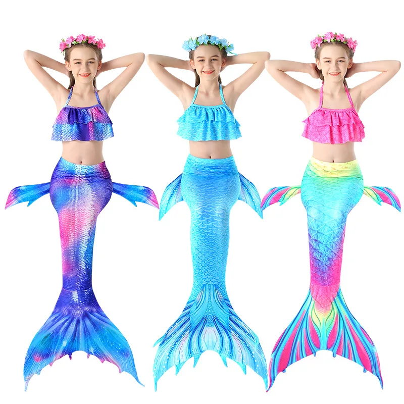 3Pcs Summer Girl Mermaid Tail With Monofin Halloween Costume Princess Dress Swimsuit Bikini Bathing Suit for Swim