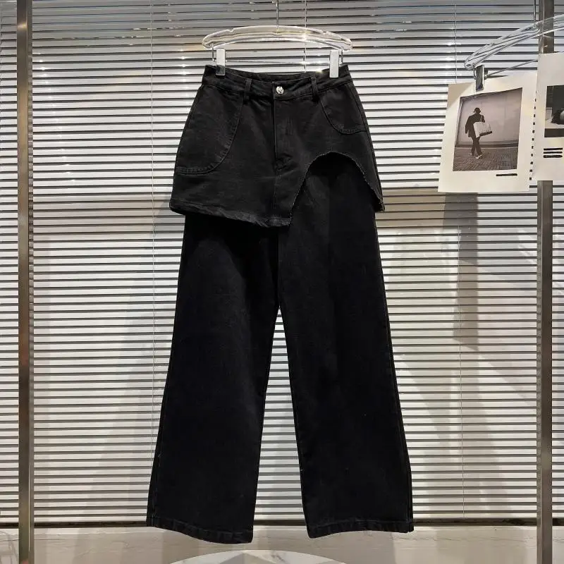 

SuperAen 2022 Autumn New Irregular Splicing New Design Fake Two-piece Streetwear Wide Leg Jeans for Women