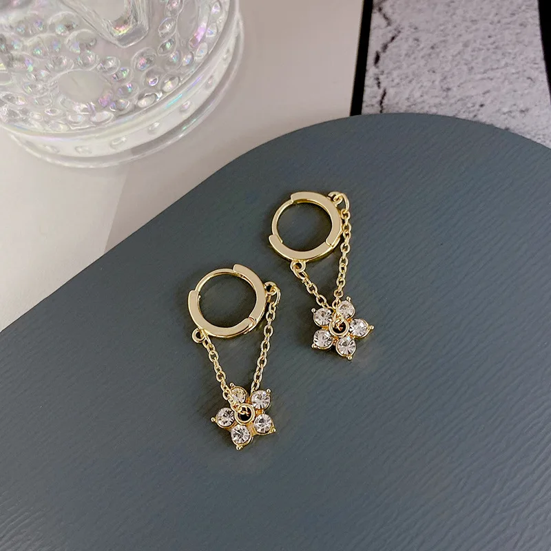 

925 Sterling Silver Zircon Flower Chain Tassel Hoop Earrings For Women Dainty Handmade Daily Jewelry