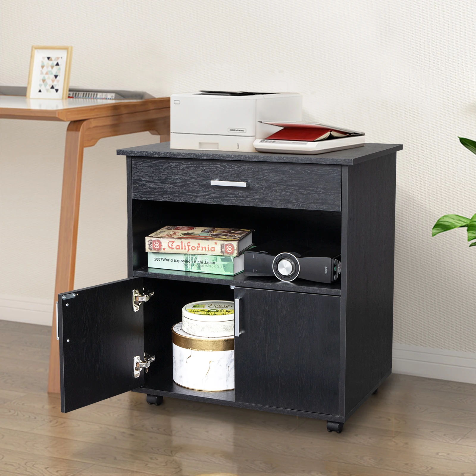 

One drawer one layer frame double door MDF and PVC wooden filing cabinet black classic and generous suitable for office study