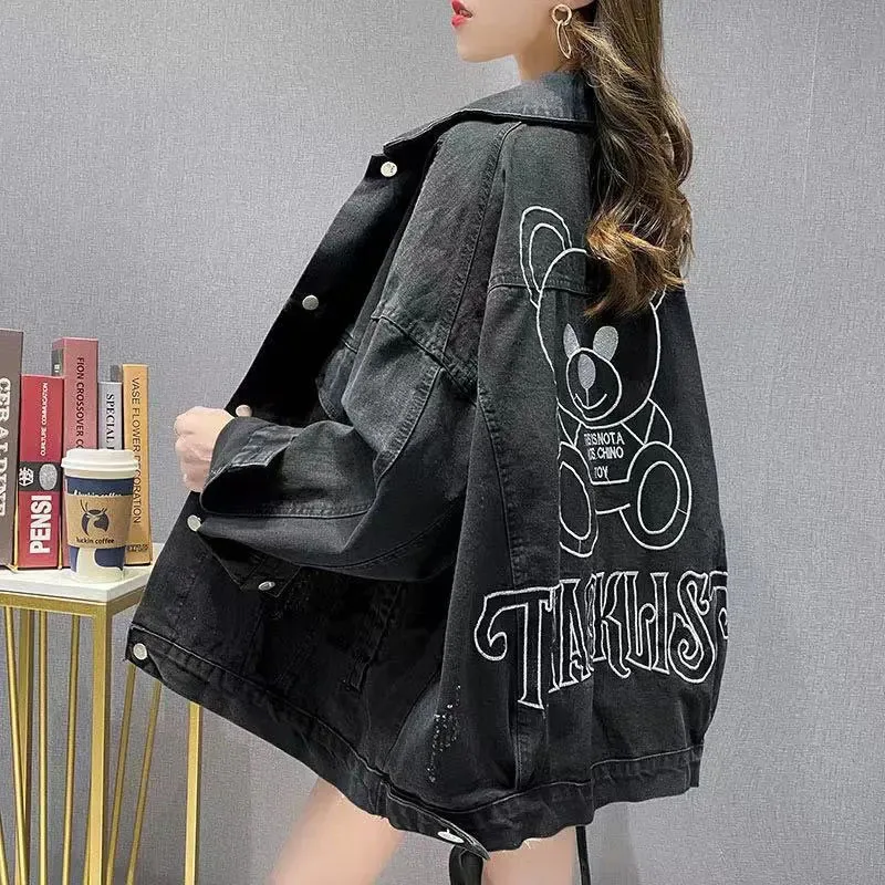 

Куртка женская джинсовая с вышивкой, базовая свободная универсальная уличная одежда из денима, мотоциклетный Повседневный Тренч, весна-осе...