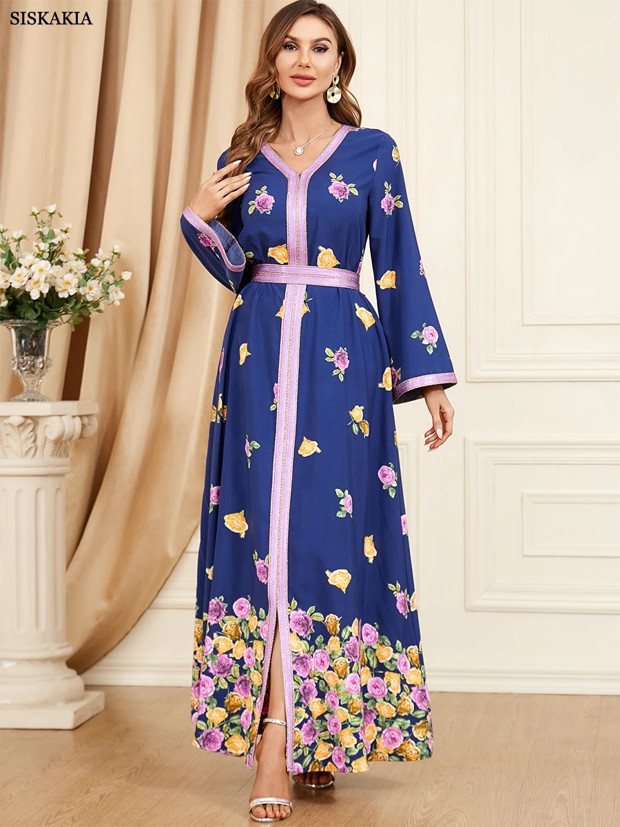 

Элегантные платья для женщин с цветочным принтом, v-образным вырезом и кружевной лентой, повседневное Свободное длинное платье, весна-лето, скромный мусульманский магазин