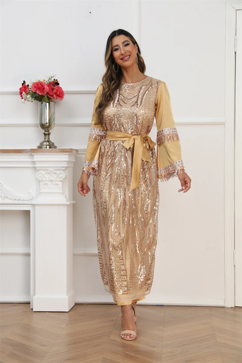 

New Embroidery Sequins Tassels Arab Dubai Muslim Fashion Women's Round Neck Loose Tie Waist Solid Long Dress