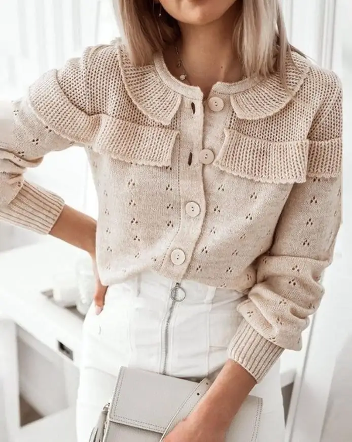 

Cardigan for Women Plain Long Sleeve Round Neck Frill Hem Button Down Casual Cardigan All-Match Autumn New Tops