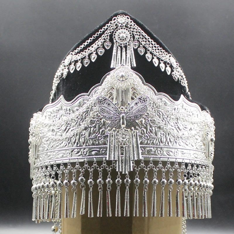 

Hmong Hat Miao Silver Headwear Ethnic Retro Exaggerated Bohemian Sponge Miao Hats Hairpin Headdress Festival Accessories