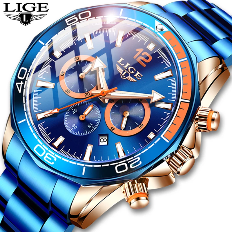 

2022 New Fashion Blue Mens Watches LIGE Top Brand Luxury Quartz Clock Sports Chronograph Waterproof Watch Men Relogio Masculino