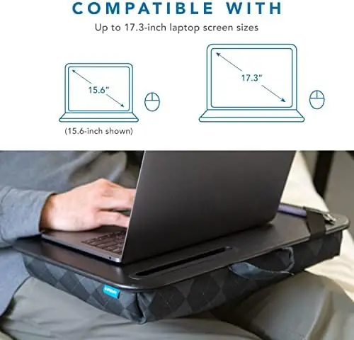 

Mesa de colo designer com suporte de telefone e borda de dispositivo \u2013 cinza Argyle \u2013 serve para laptops de até 15 6