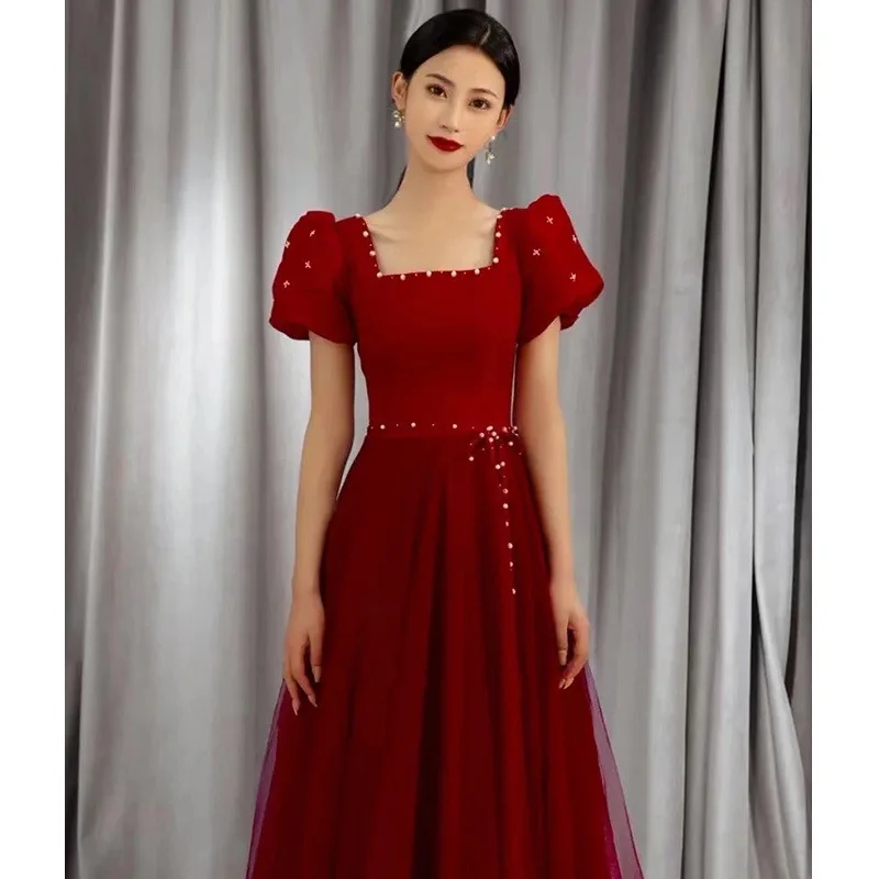 

Bride's Toast Dress Women's 2022 Spring New Wine Red Bubble Sleeve Wedding Appreciation Banquet Host Dress Engagement Dress