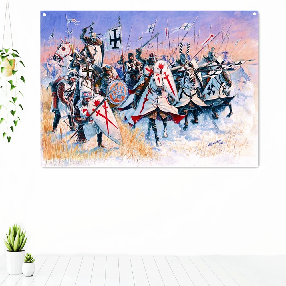 

Knights Templar Battle Flag Banners Ancient Art of War Medieval Warriors Poster Canvas Painting Vintage Wall Hanging Tapestry