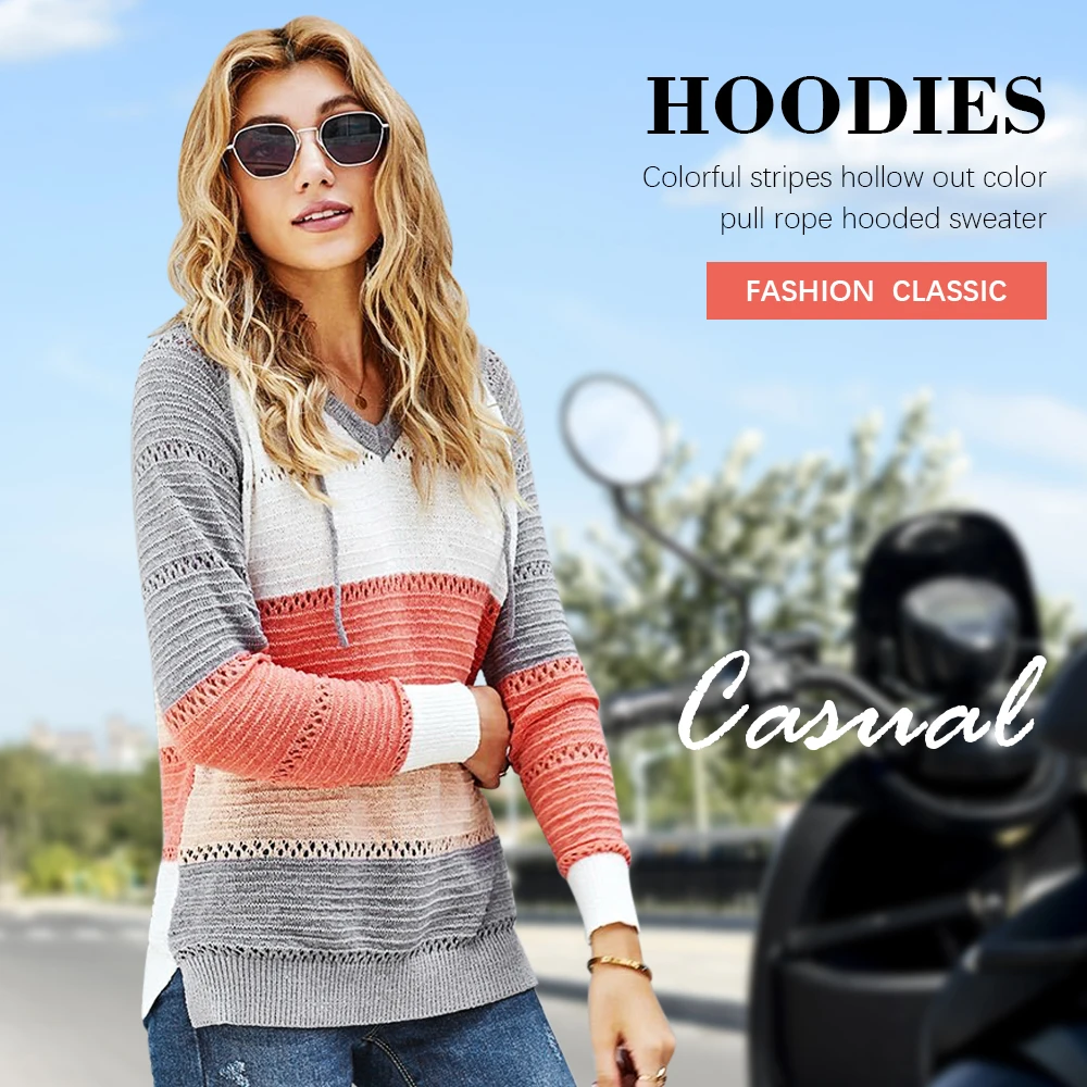 

Autumn Women Hooded Knitted Sweater Vintage Casual Striped Color Block Patchwork V Neck Pullovers Hollow Out Elegant Jumpers