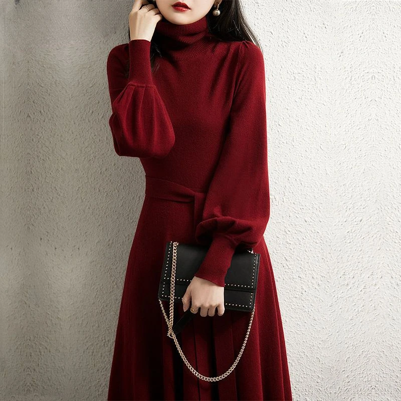 Vintage Turtleneck Long Sleeve Long Dresses Winter Fashion Casual Loose Knitwear Warm Women Knitted Dress Solid Color R35