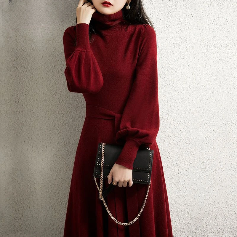 

Vintage Turtleneck Long Sleeve Long Dresses Winter Fashion Casual Loose Knitwear Warm Women Knitted Dress Solid Color R35