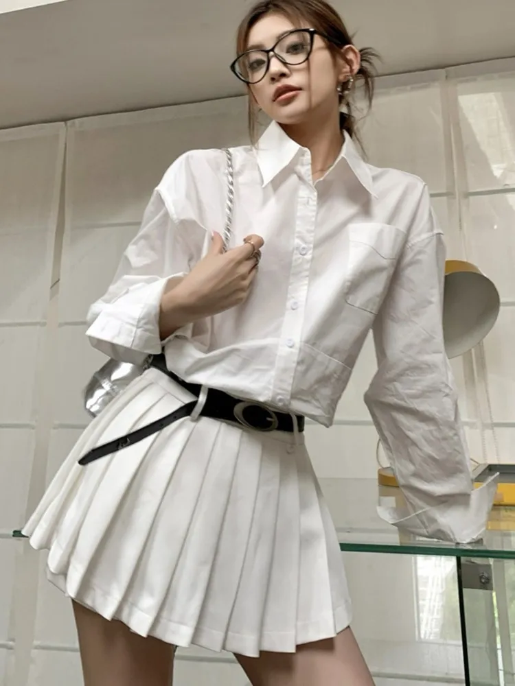 Женский комплект из двух предметов Y2K белая плиссированная мини-юбка с длинным