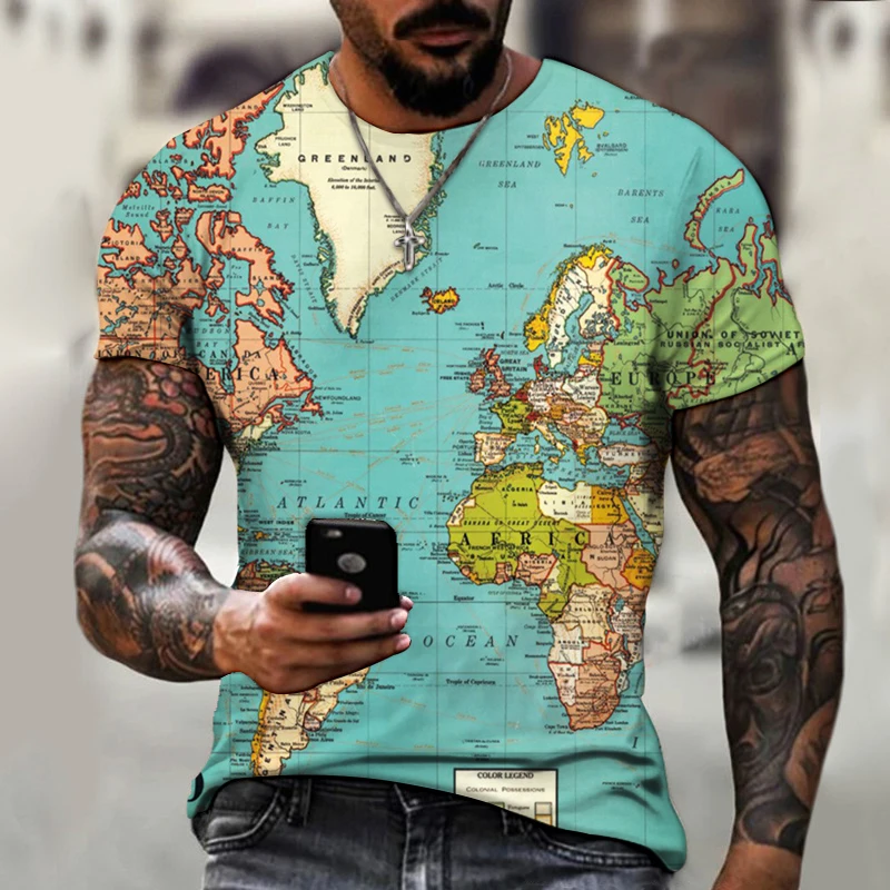 

New Men's T-shirts 3D World Map Graphic T-shirt Everyday Casual Tops Summer Fashion Short Sleeve High Street O-Neck Streetwear