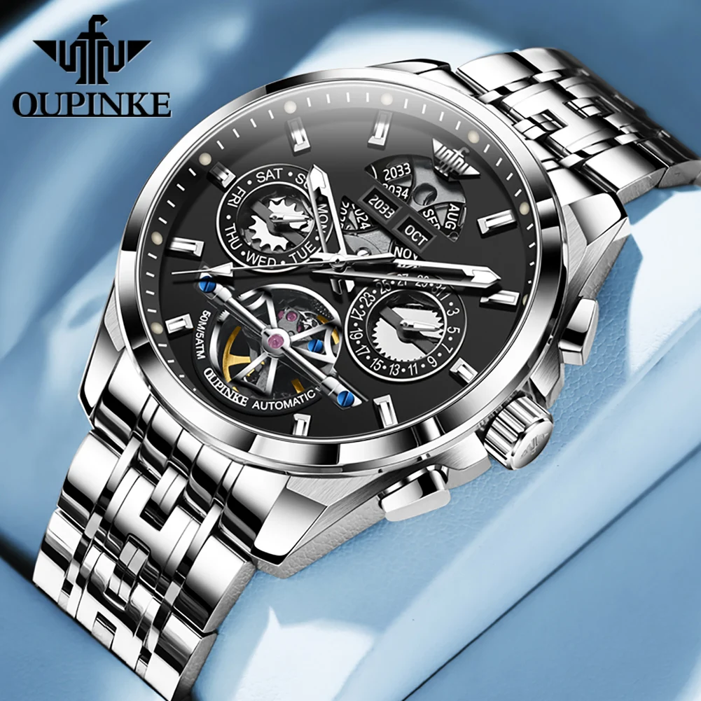 

Business Stainless Steel Man Automatic Watch Luxury OUPINKE Perpetual Calendar 50m Waterproof Men's Mechanical Wristwatches New