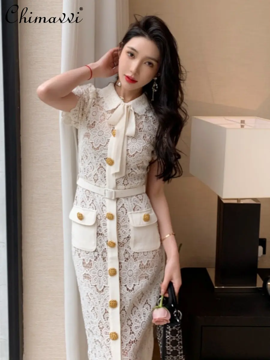 Lace Cream Color Doll Collar Pocket Button Bow Dress Women 2023 Spring and Summer New Commute Style High Waist Slim Pencil Dress