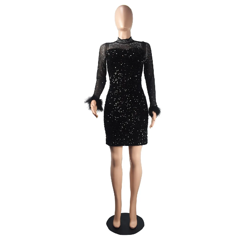 Women Bodycon Sequined Party Dress Sexy High Collar Feather Long Sleeve Mini Dres Fashion Hollow Nightclub Dresses