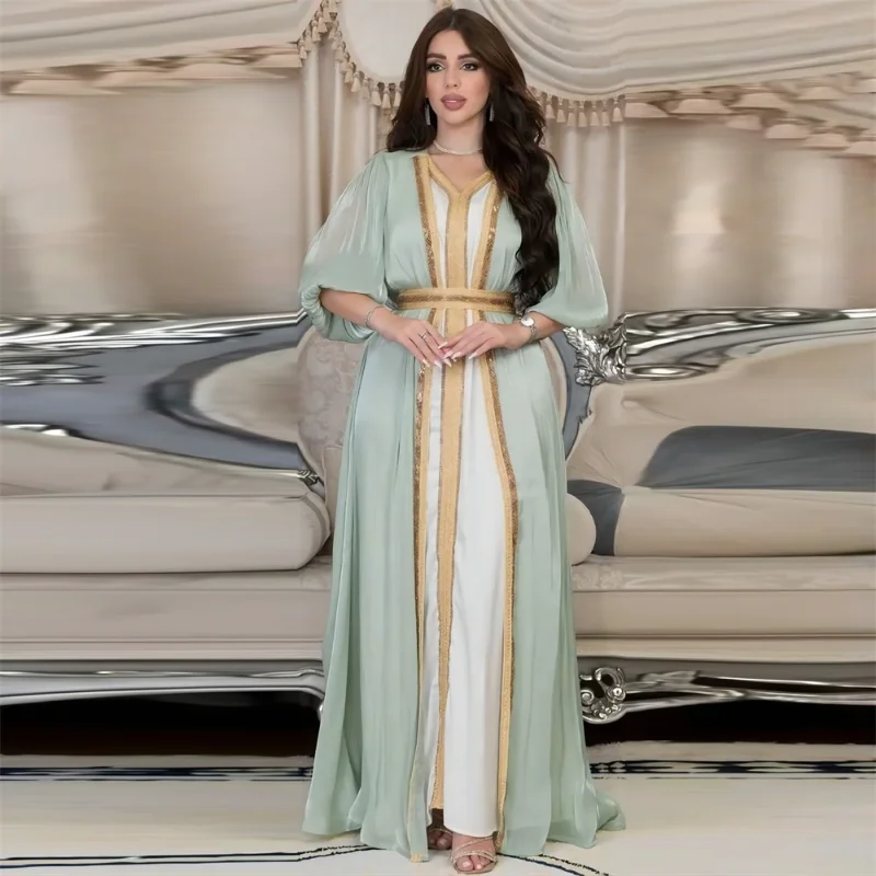 Moroccan Caftan Luxury 2023 Silk Satin Elegant Lantern Sleeve 3pcs Dress Diamonds Abaya Muslim Sets Ramadan Dresses For Women